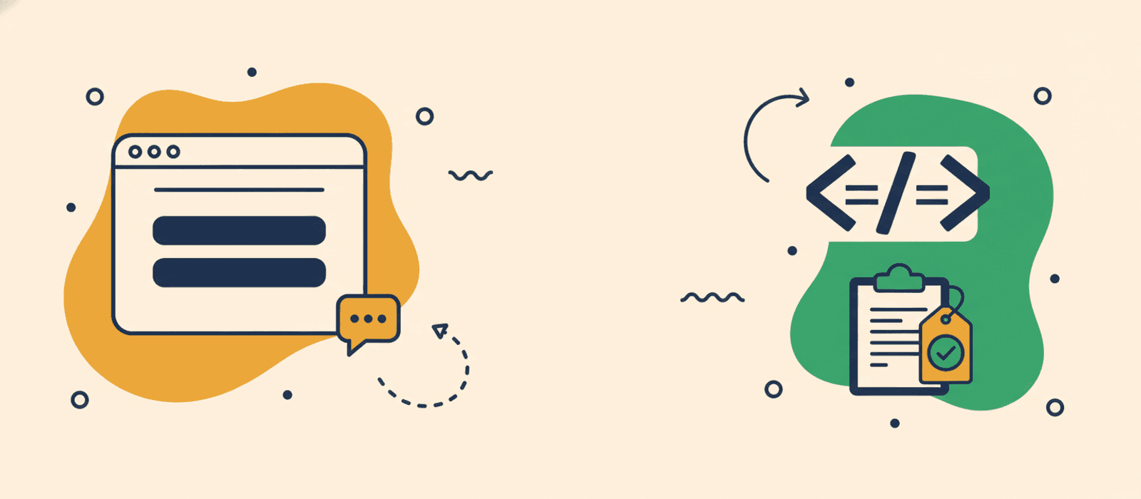Flat editorial illustration: browser window with a docked chat-bubble icon connected by a dashed line to embed code brackets and a clipboard-checkmark — visual metaphor for adding a chatbot widget to a website.