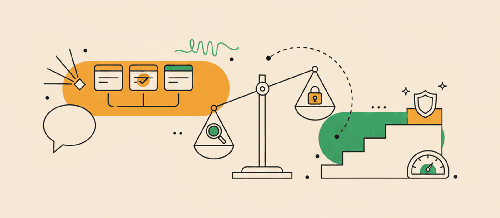 Editorial flat-vector illustration for AI Agent Integration: three tool cards fanning out from a decision node with one card checked, a balance scale weighing a magnifying glass against a padlock, and a four-step staircase topped by a shield beside a gauge dial.