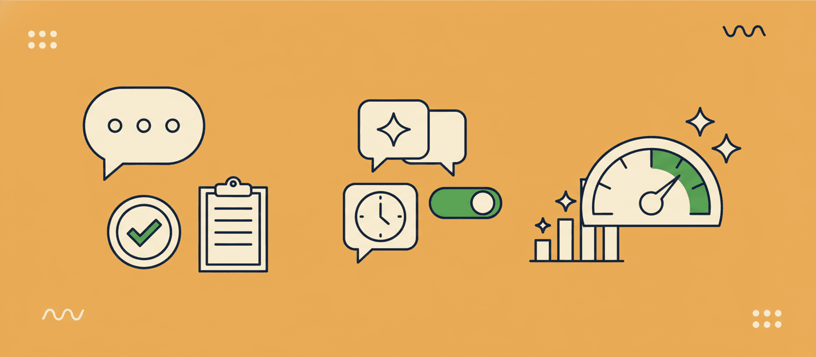 Flat editorial illustration: speech bubble, clipboard with checklist, AI/clock chat bubbles, sliding toggle, dashboard gauge, and ascending bar chart — visual metaphor for chatbot operational best practices.