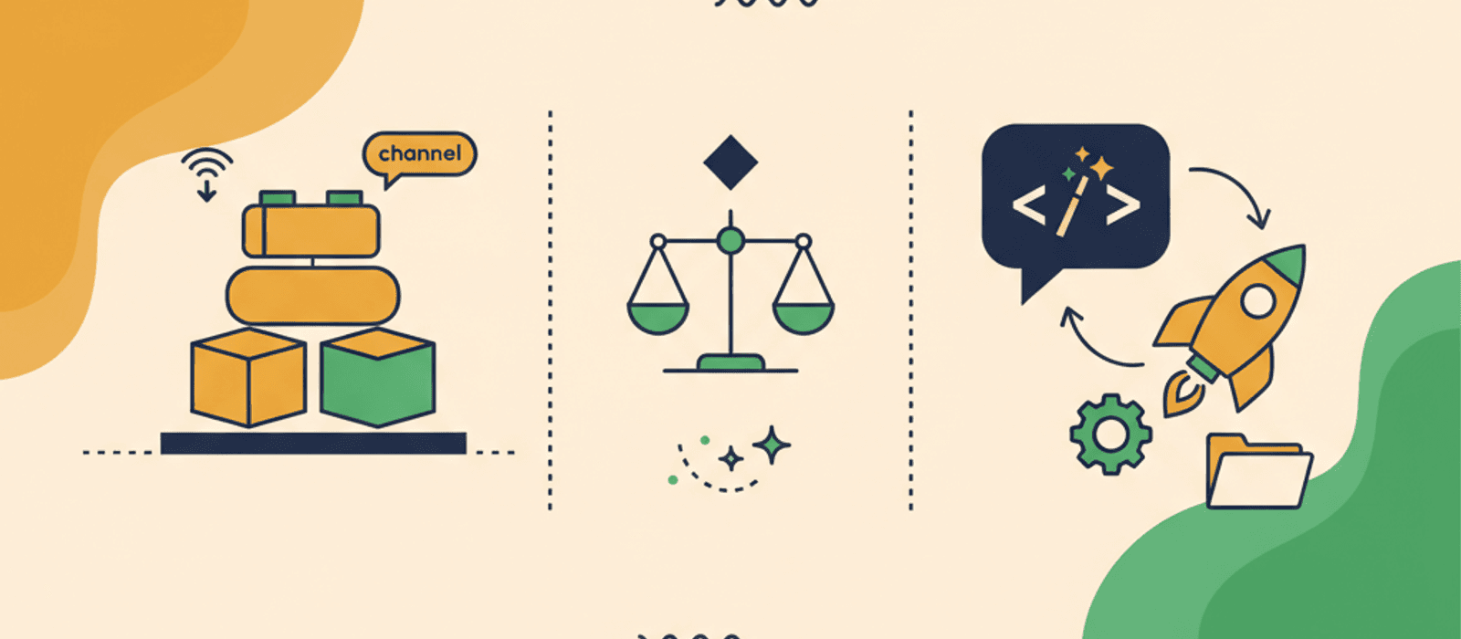 Side-by-side flat-illustration split panel — left panel shows stacked modular building blocks labeled drag-drop, channels, integrations representing a SaaS chatbot builder; right panel shows a chat bubble feeding a text prompt into a code-generation surface with a deploy arrow representing vibecoding — visual metaphor for the SMB build-or-buy decision.
