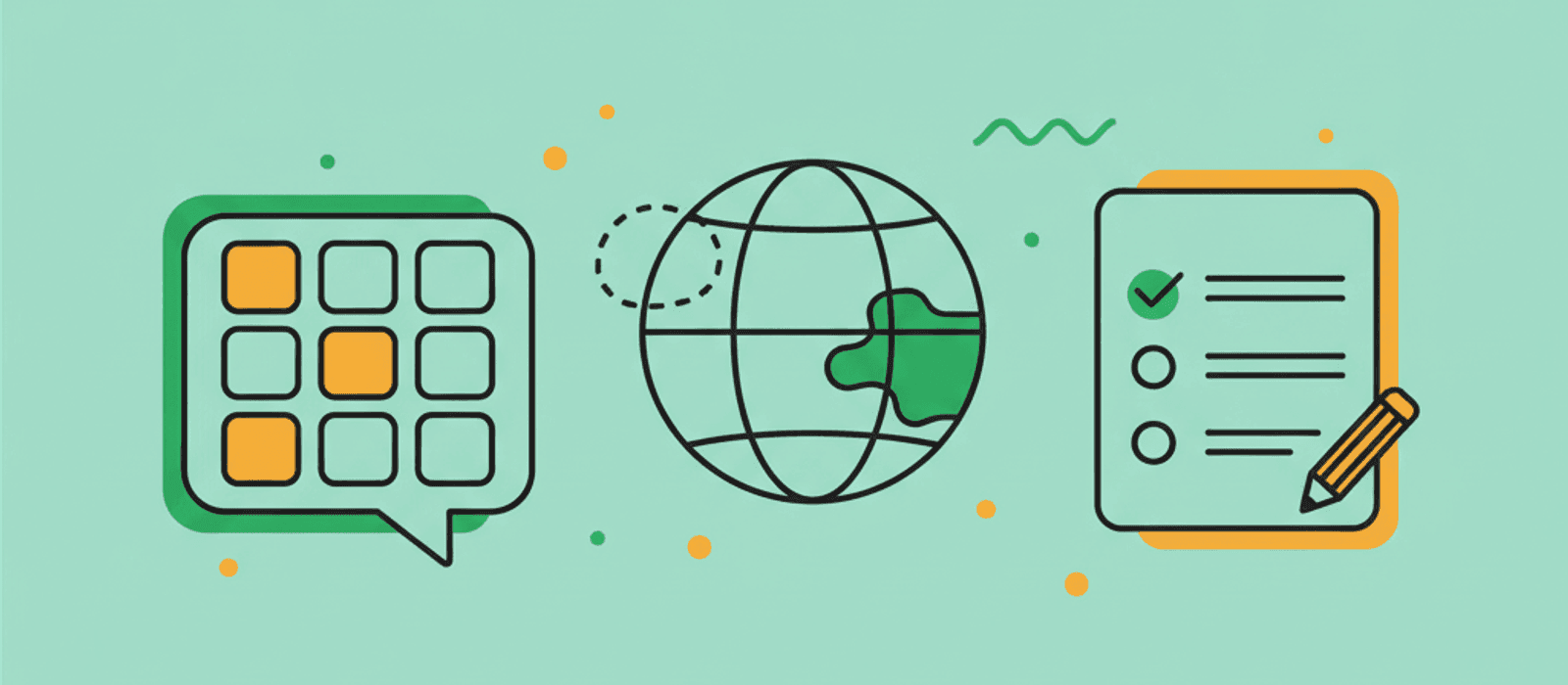 Editorial flat-vector illustration for Chatbot Localization: a speech shape split into a grid of nine small tiles, three of them filled, beside a globe outline with one marked region, and a checklist card with one ticked line