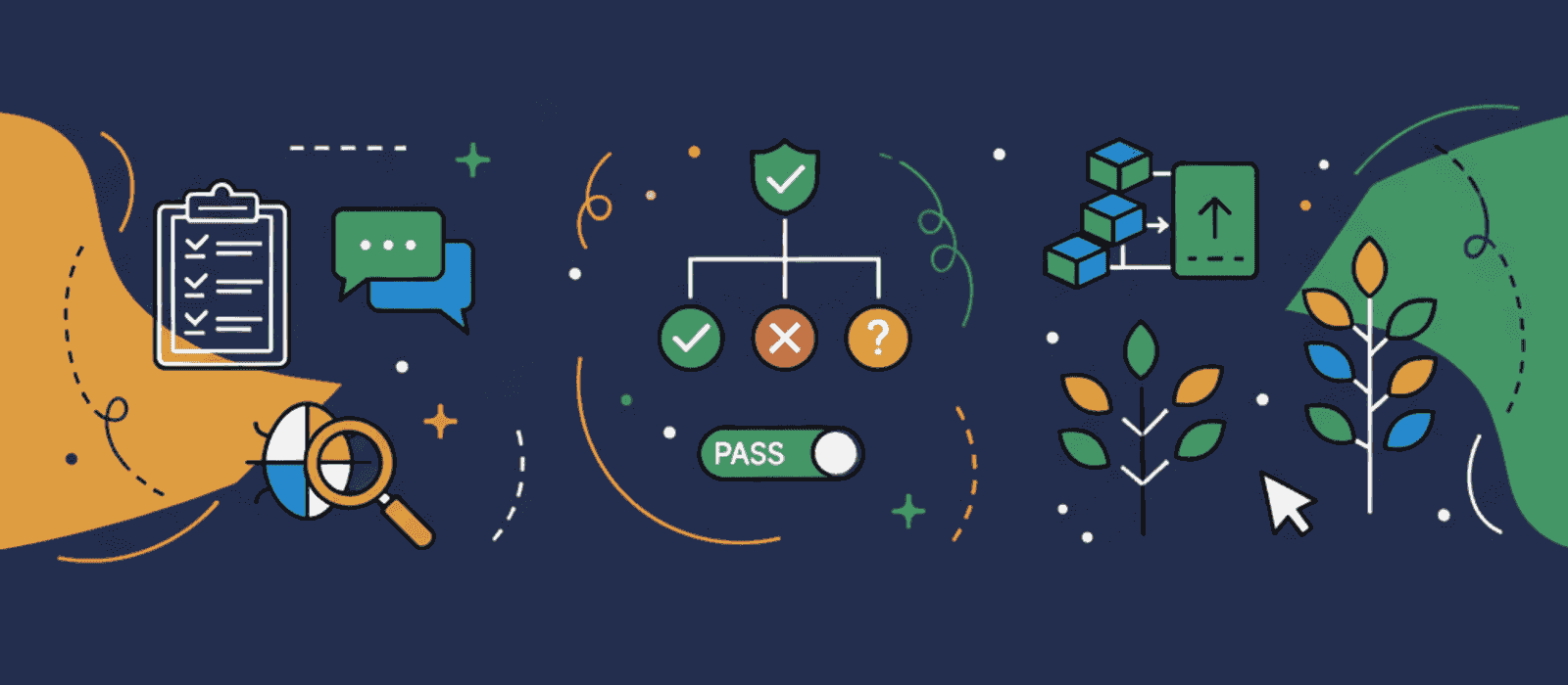 Editorial flat-vector illustration for Chatbot Regression Testing: How to Change a Prompt, a Knowledge Base or a Flow Without Breaking What Already Worked