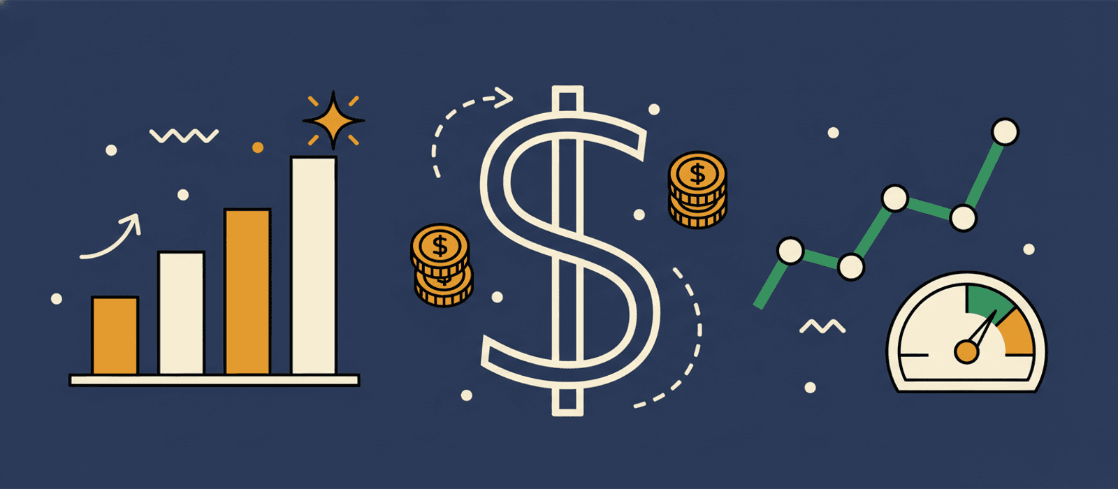 Flat editorial illustration: ascending bar chart, oversized dollar-sign with stacked coins, rising line graph, and a dashboard gauge — visual metaphor for measuring chatbot return on investment.