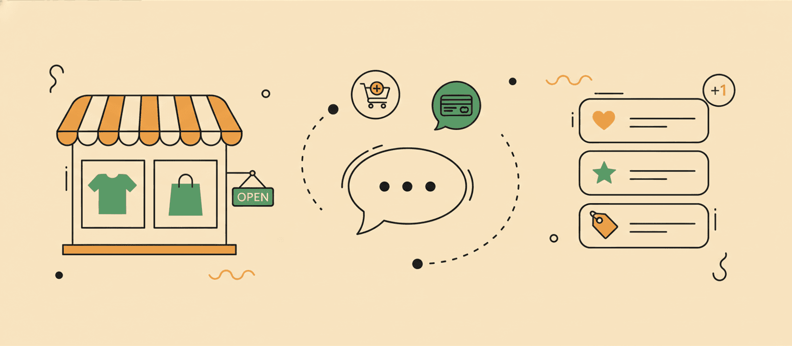 Flat editorial illustration: stylised storefront, chat bubble connected by API path, floating cart and credit-card icons, and a product-card stack — visual metaphor for integrating a chatbot with a Shopify store.