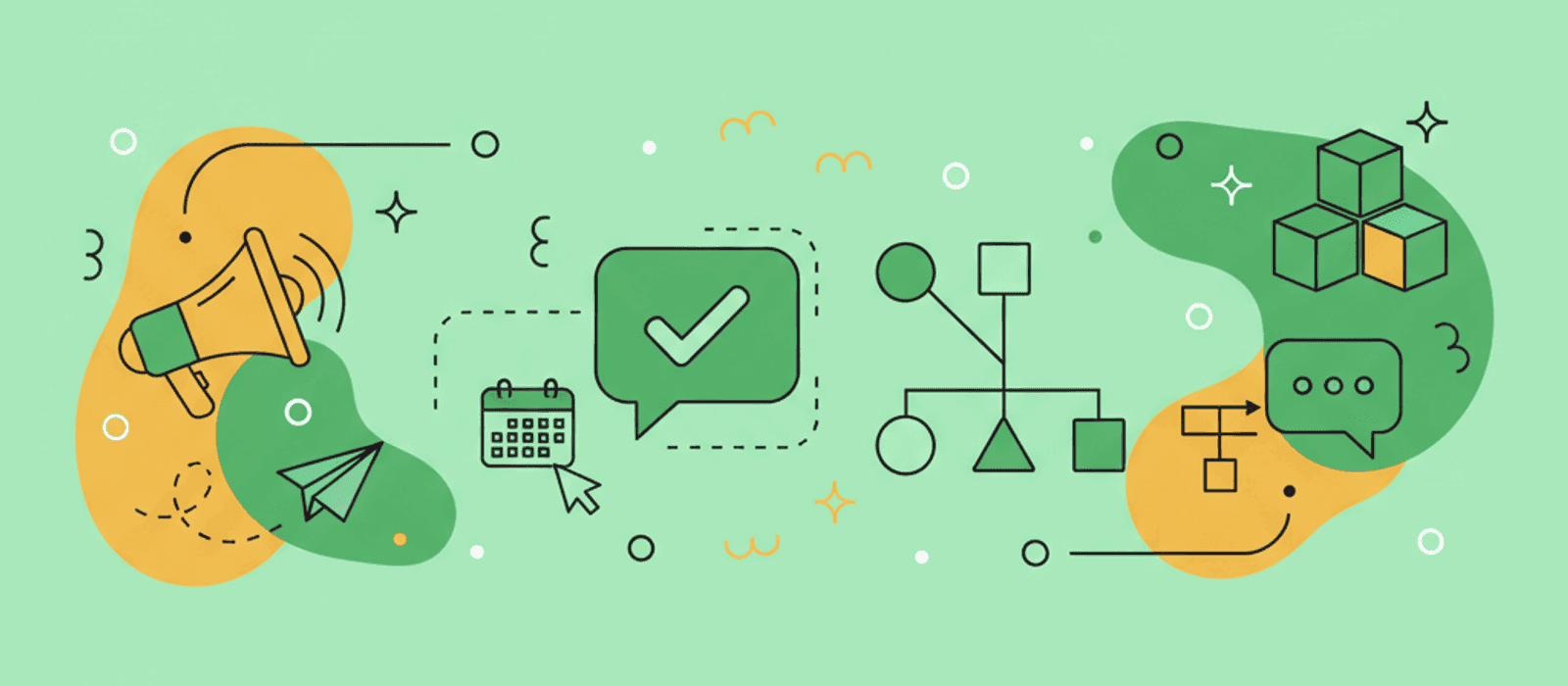Editorial flat-vector illustration for Chatbot Survey Design: Five Questions, One Element per Channel, and a Reason to Answer