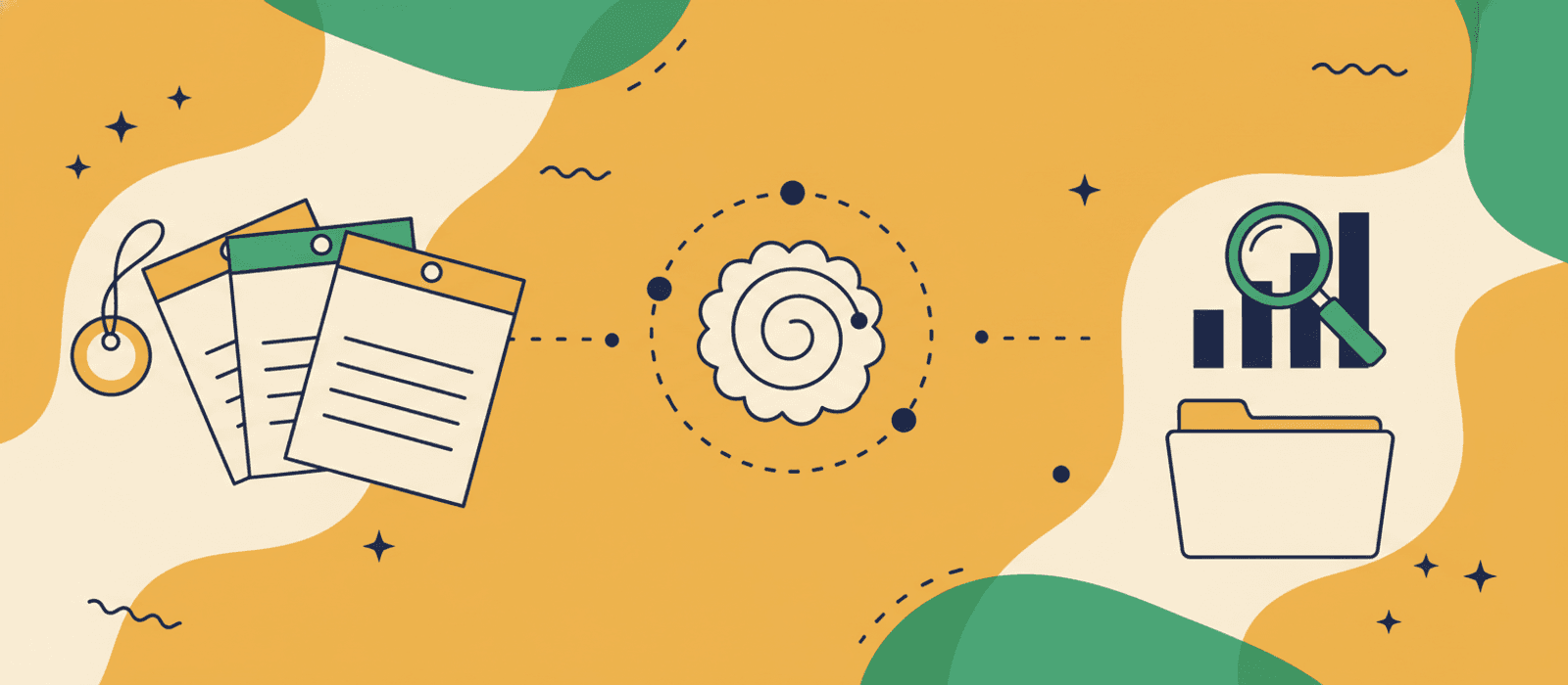 Flat editorial illustration: fanned index cards with a hang-tag, brain-swirl with orbiting data points, a magnifying glass over a bar chart, and a folder tab — visual metaphor for training chatbot intents and datasets.