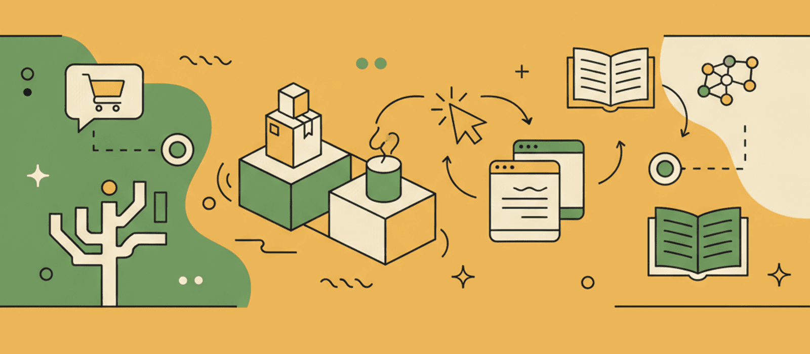 Editorial flat-vector illustration for Ecommerce Chatbot Playbook: Your Catalog Is the Product, and Two Readers Now Consume It (2026)