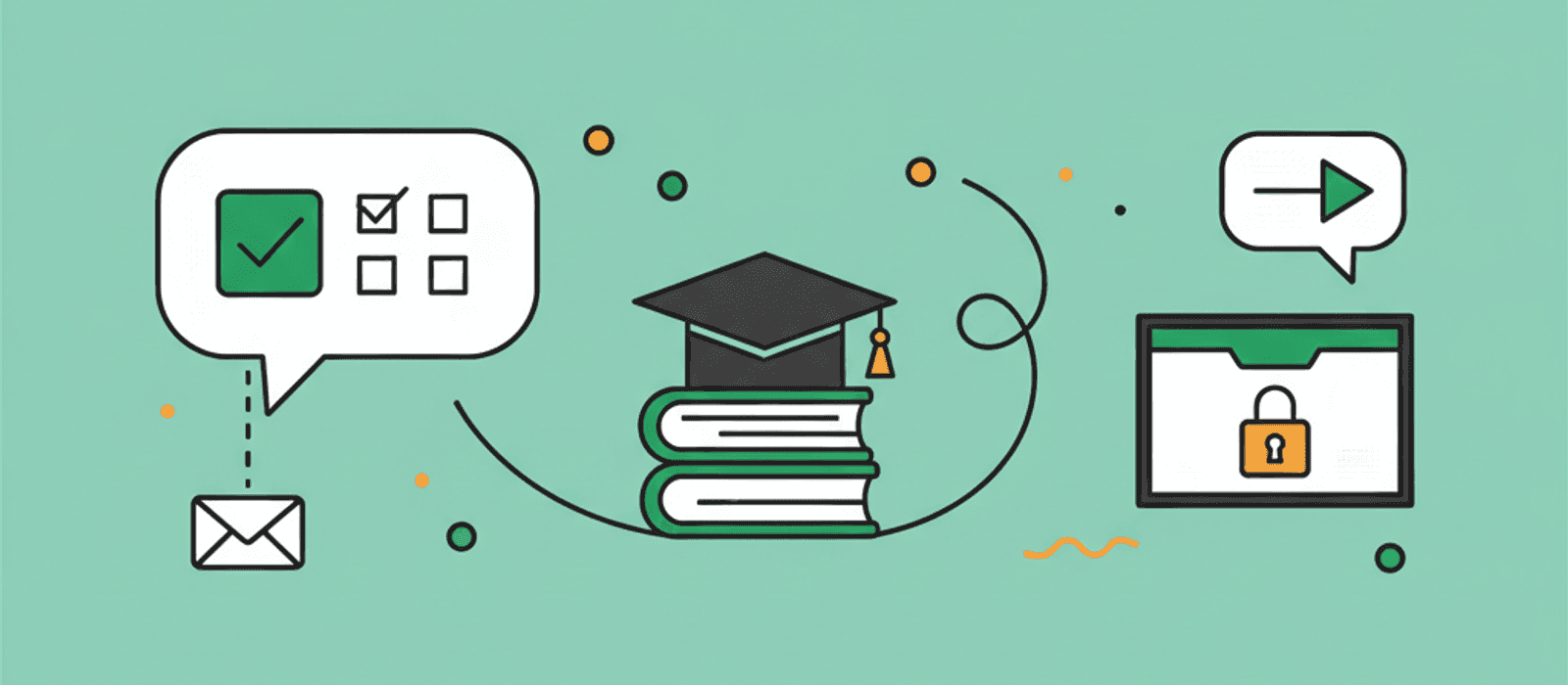 Editorial flat-vector illustration for Education Chatbots: a message with a task checklist, a graduation cap on two books, and a locked record folder beside a hand-off arrow