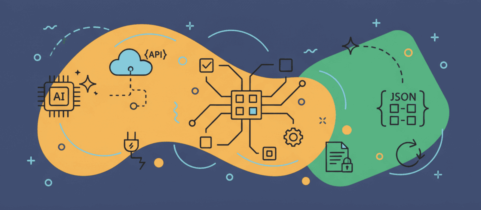 Editorial flat-vector illustration for How to Get Valid JSON from a Chatbot's Language Model: Schema, Checks, Retries