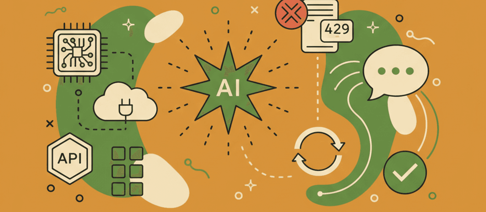 Editorial flat-vector illustration for How to Handle LLM Rate Limits (429 Errors) in a Production Chatbot