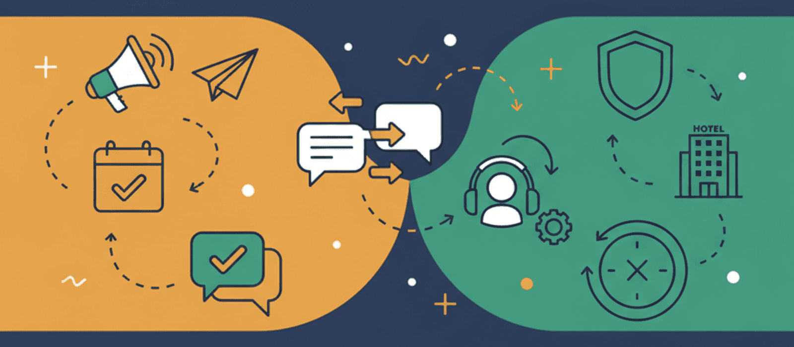 Editorial flat-vector illustration for Hotel Chatbots: The Reservation Rule That Has Bound Your Booking Bot Since 2012, and Why Europe Exempts the Small Hotel While America Does Not