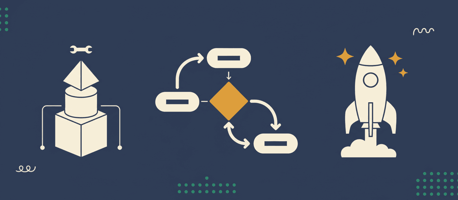 Flat editorial illustration: stacked geometric blocks with a wrench, decision-diamond flow diagram, and outline-only rocket — visual metaphor for building a chatbot from foundation to launch.