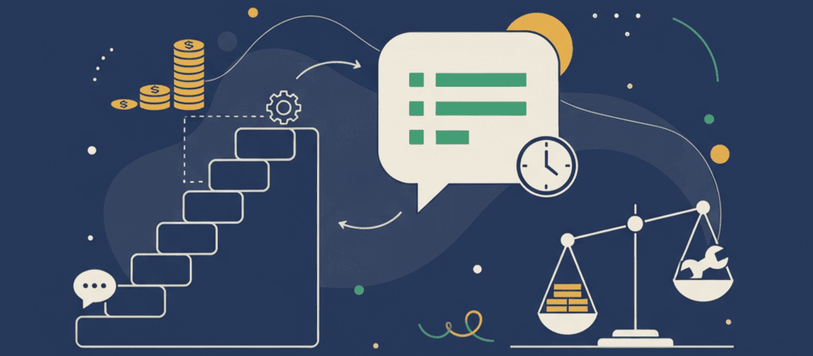 Editorial flat-vector illustration for WhatsApp Automation: a four-step staircase rising toward a gear, a stack of coins above it, a chat bubble holding a three-row checklist beside a clock, and a balance scale weighing coins against a wrench.