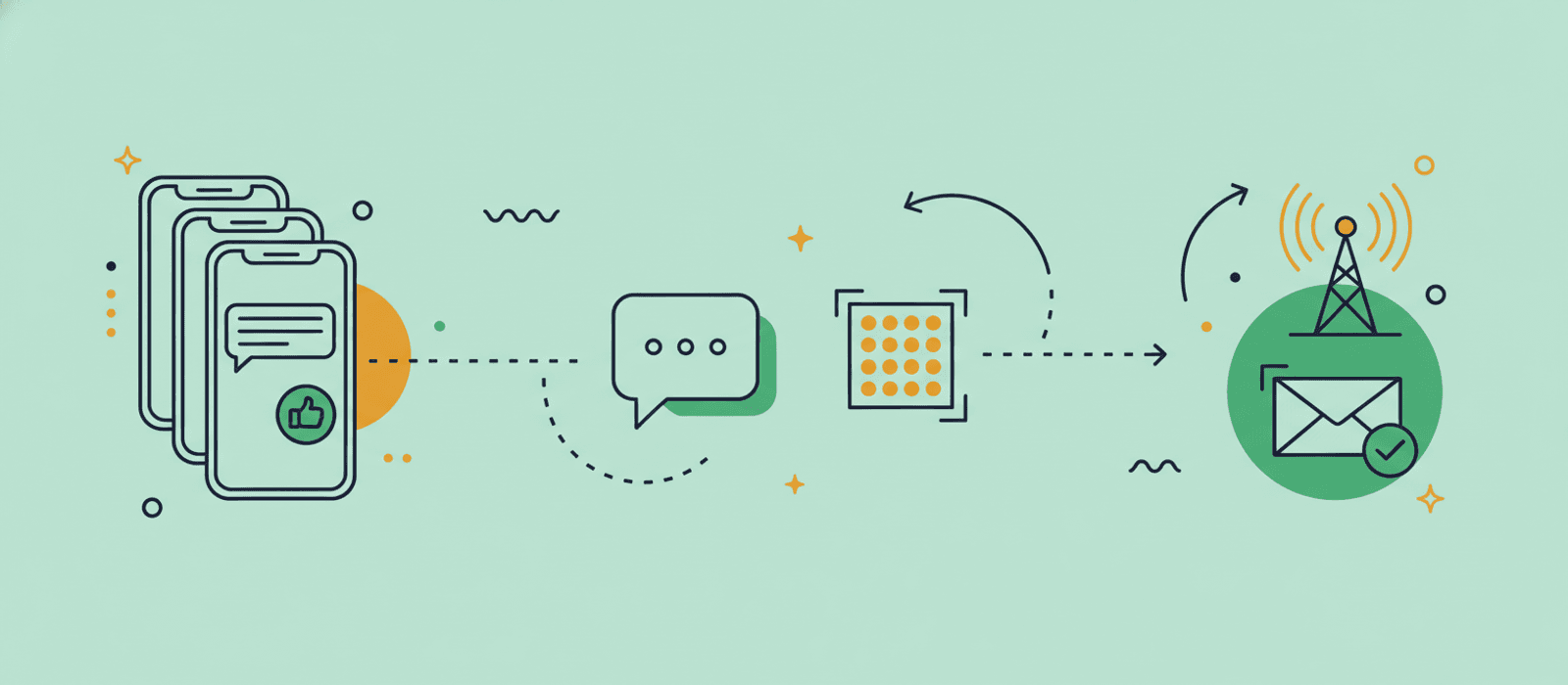 Flat editorial illustration: stacked phone screens, chat-bubble, QR-code grid, broadcast tower with arc waves, and an envelope-checkmark — visual metaphor for building a WhatsApp-style messaging chatbot.