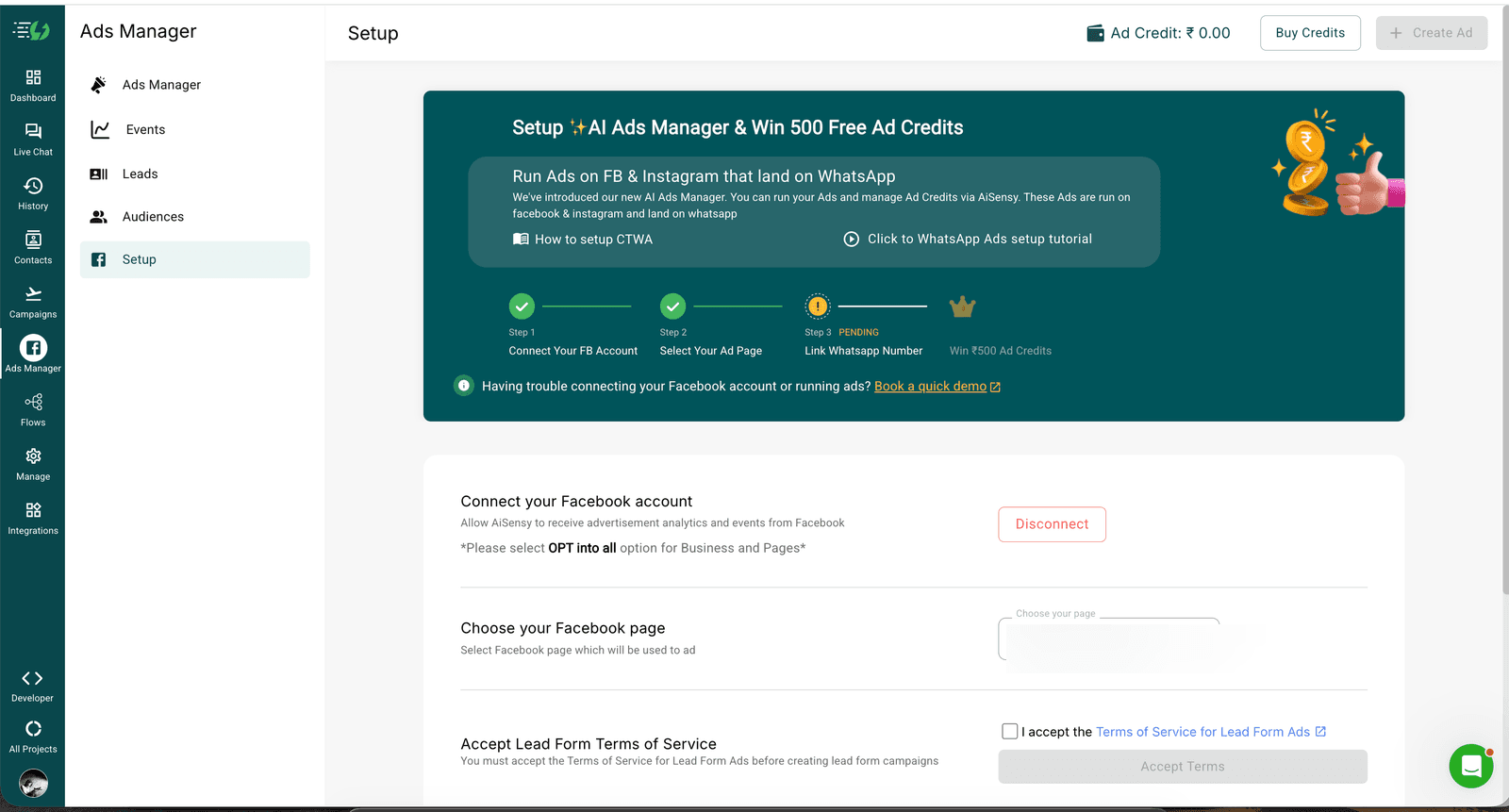 AiSensy Ads Manager Setup wizard — three steps (Connect FB Account / Select Ad Page / Link WhatsApp Number) with first two complete, third PENDING, plus Facebook page selector dropdown and Lead Form ToS acceptance checkbox