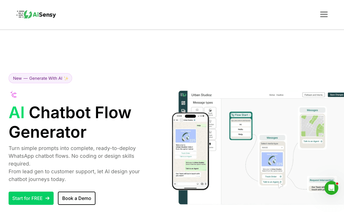 AiSensy AI Chatbot Flow Generator — prompt-to-flow generation interface