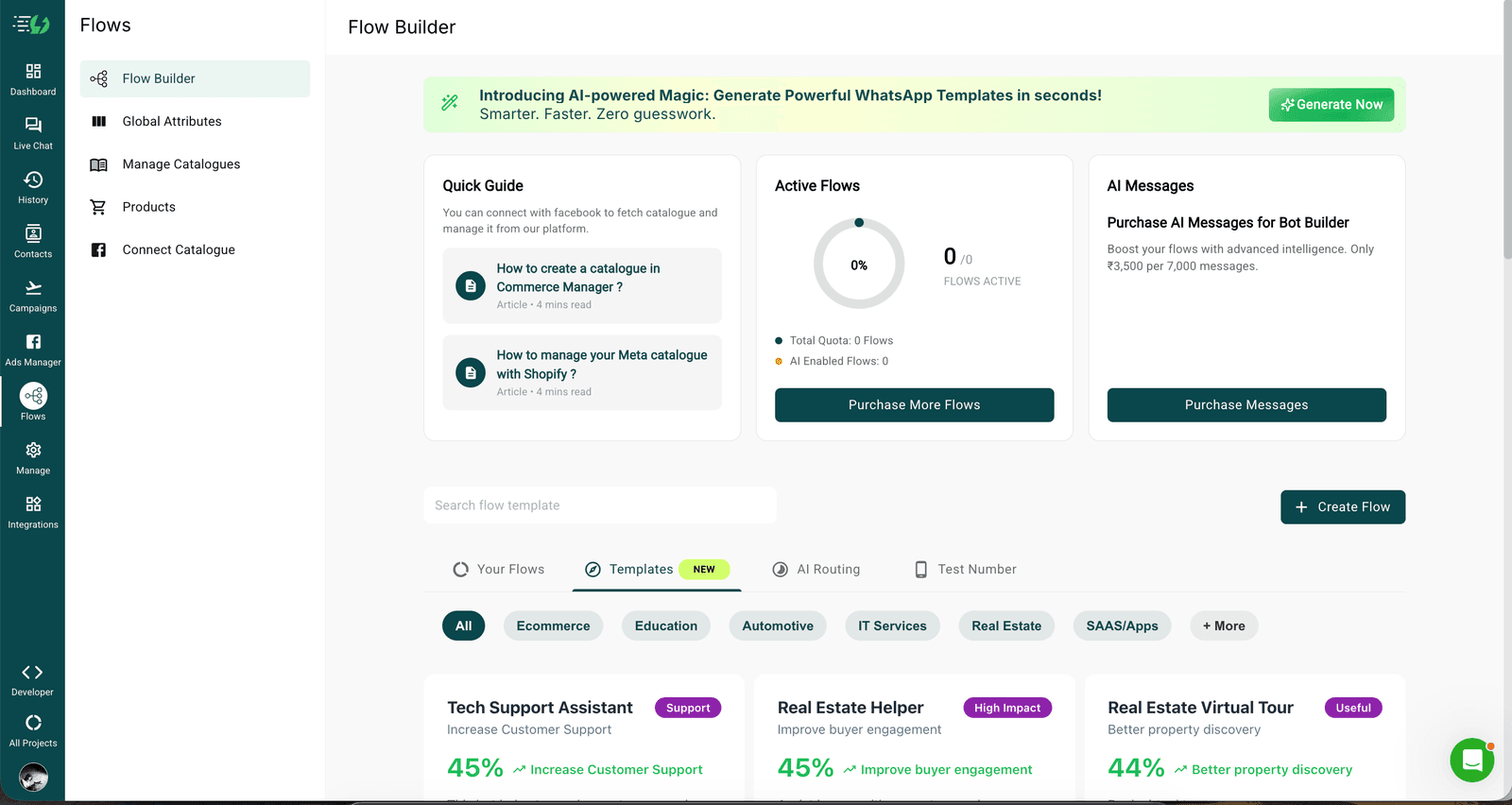 AiSensy AI Messages flow surface inside Flow Builder — AI Agent node with prompt configuration