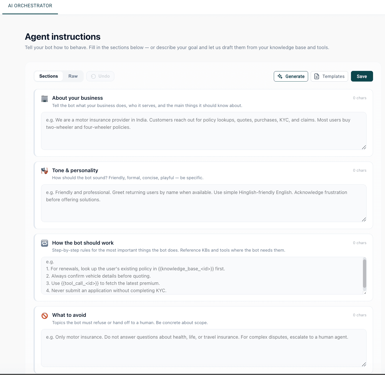 AiSensy AI Orchestrator — Agent Instructions form with four sections (About your business, Tone & personality, How the bot should work, What to avoid) plus Generate / Templates / Save toolbar