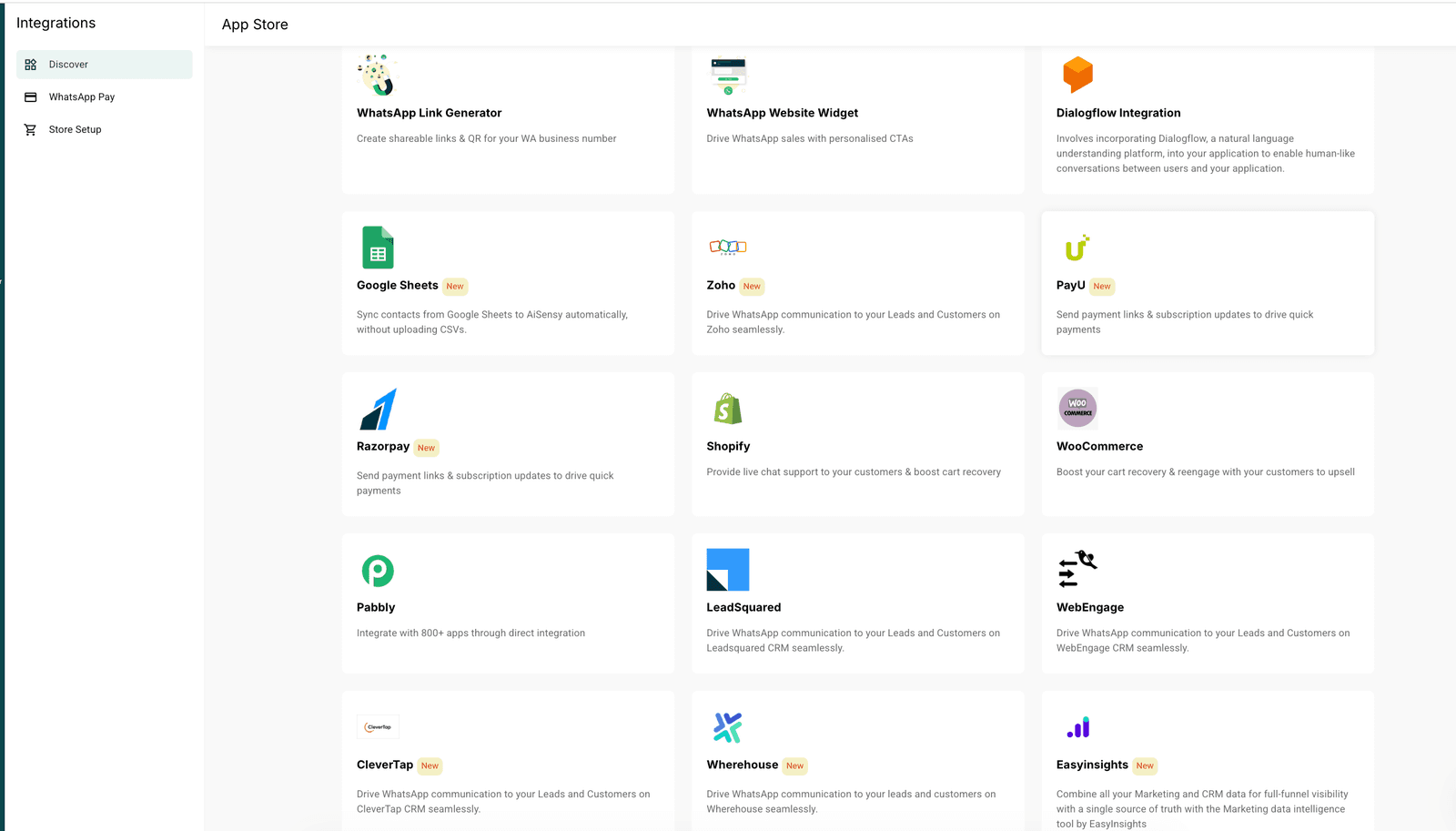 AiSensy Integrations App Store with 13+ tiles — WhatsApp Link Generator, WhatsApp Website Widget, Dialogflow, Google Sheets, Zoho, PayU, Razorpay, Shopify, WooCommerce, Pabbly, LeadSquared, WebEngage, CleverTap, Wherehouse, Easyinsights