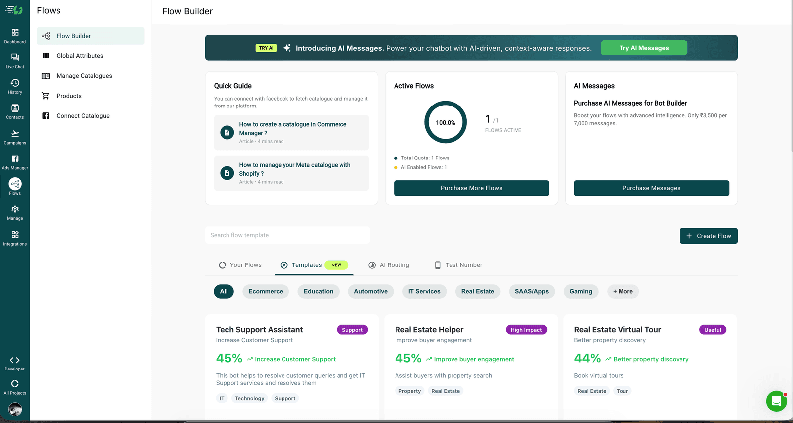 AiSensy Flow Builder index — Quick Guide, Active Flows gauge (1/1 = 100% active), AI Messages add-on with Purchase CTA, Search flow templates input, Templates filter pills (All / Ecommerce / Education / Automotive / IT Services / Real Estate / SAAS/Apps / Gaming / + More), three sample flow templates with conversion-uplift claims