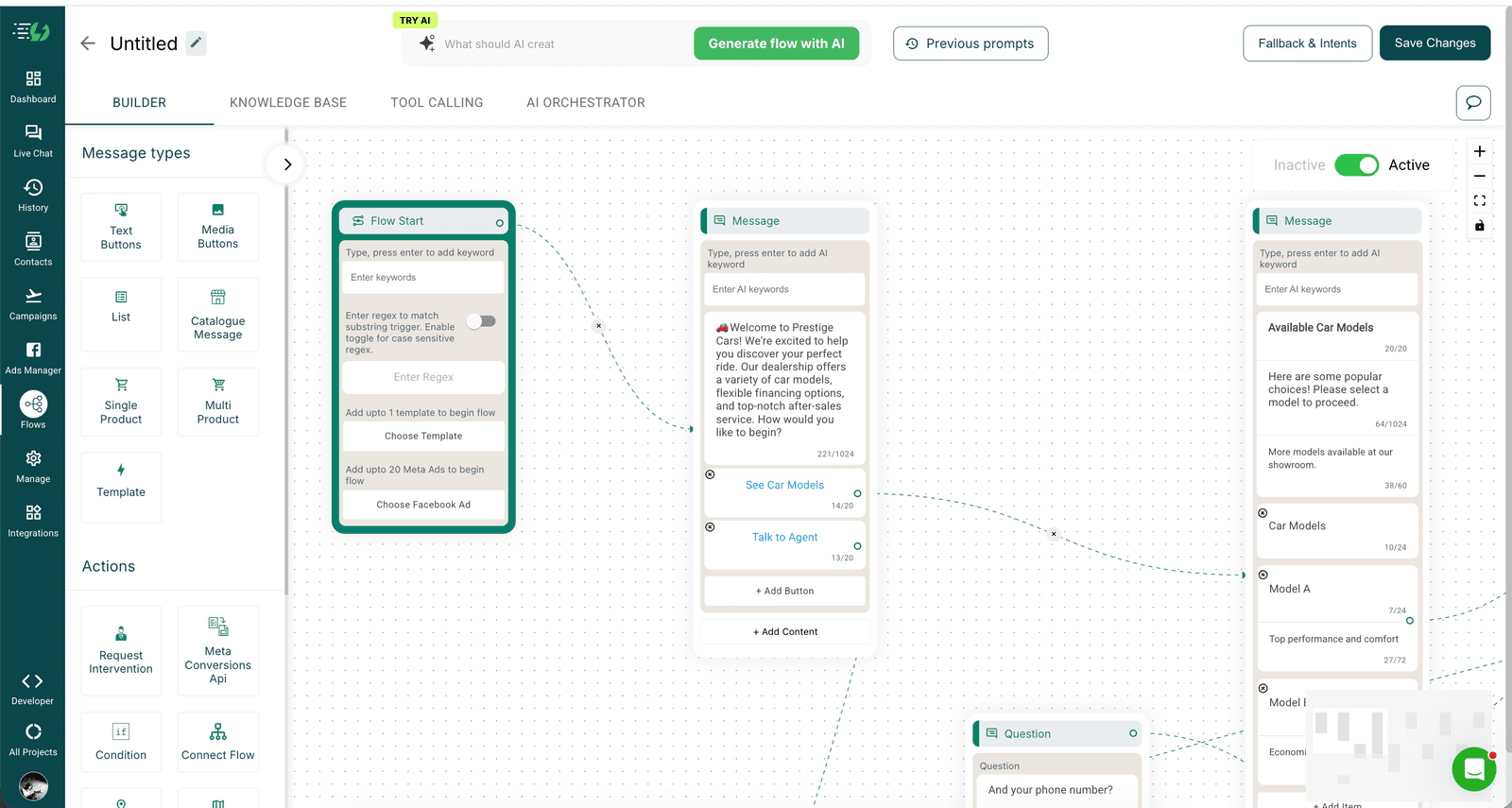 AiSensy Flow Builder canvas with a working WhatsApp commerce flow — Flow Start trigger, sequential Message blocks (Welcome to Prestige Cars / Car Models showcase / Question), left palette with 6 message types (Text Buttons, Media Buttons, List, Catalogue Message, Single Product, Multi Product, Template) and 4 action types (Request Intervention, Meta Conversions API, Condition, Connect Flow), Generate Flow with AI button in top toolbar