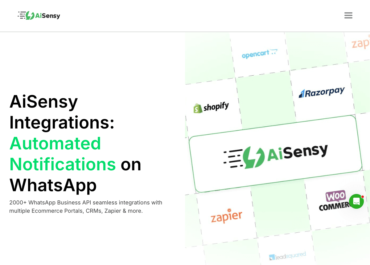 AiSensy integrations marketplace showing native CRM, ecommerce, payment, and automation connectors