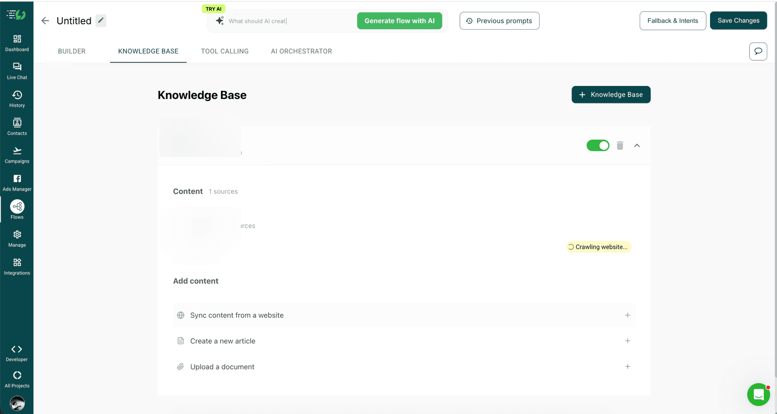 AiSensy Knowledge Base tab inside Flow Builder — single configured KB source with crawling-website status indicator, Add Content options for sync-from-website / create-new-article / upload-document