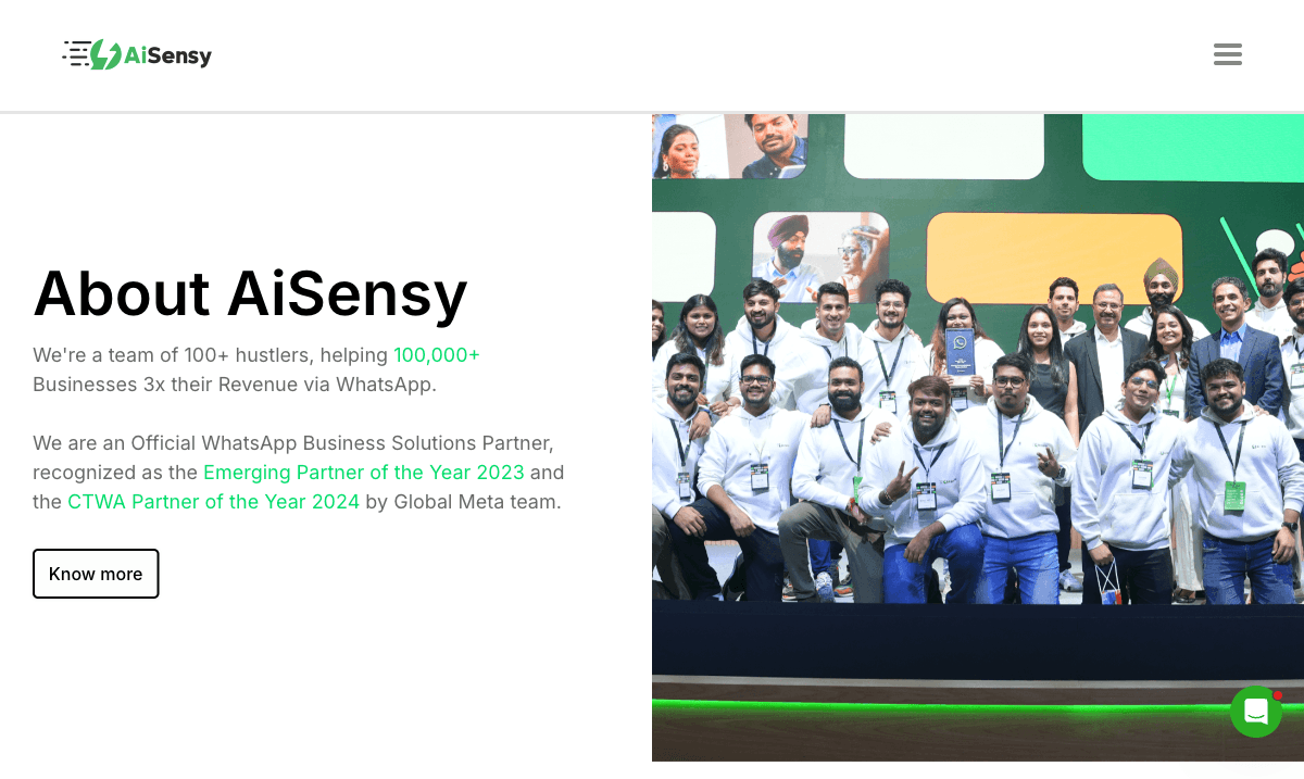 AiSensy listed as Official Meta Business Solution Provider with CTWA Partner of the Year 2024 award badge