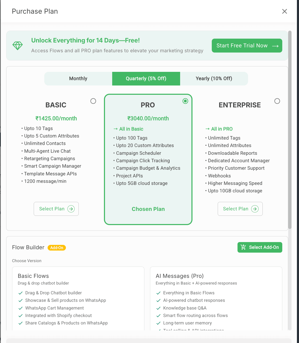 AiSensy in-app Purchase Plan modal showing Basic ₹1,425 / Pro ₹3,040 / Enterprise tiers with Monthly / Quarterly (5% off) / Yearly (10% off) toggle, Flow Builder + AI Messages (Pro) add-on subsections, total ₹9,120/quarter with Purchase Now CTA