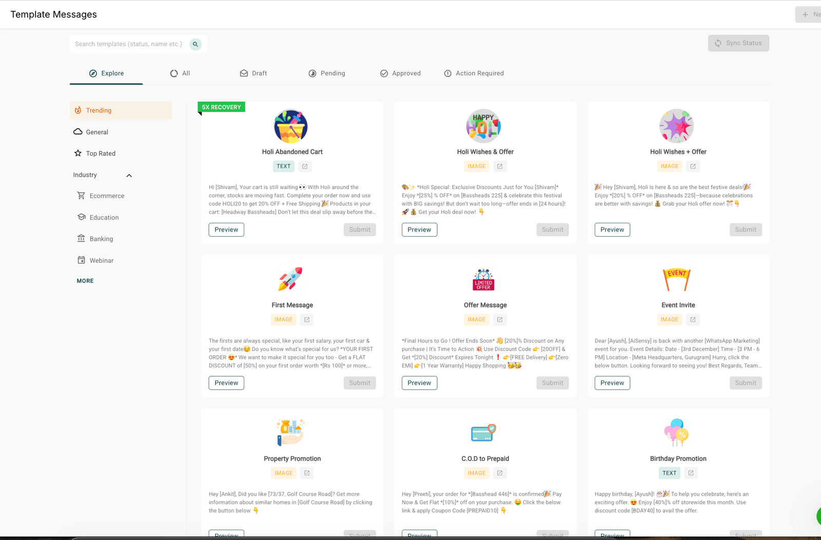 AiSensy Template Messages library — 12 pre-built WhatsApp template cards across Trending / General / Top Rated / Industry filters, with Industry sub-categories (Ecommerce, Education, Banking, Webinar). Cards show Holi Abandoned Cart, Holi Wishes & Offer, First Message, Offer Message, Event Invite, Property Promotion, C.O.D to Prepaid, Birthday Promotion