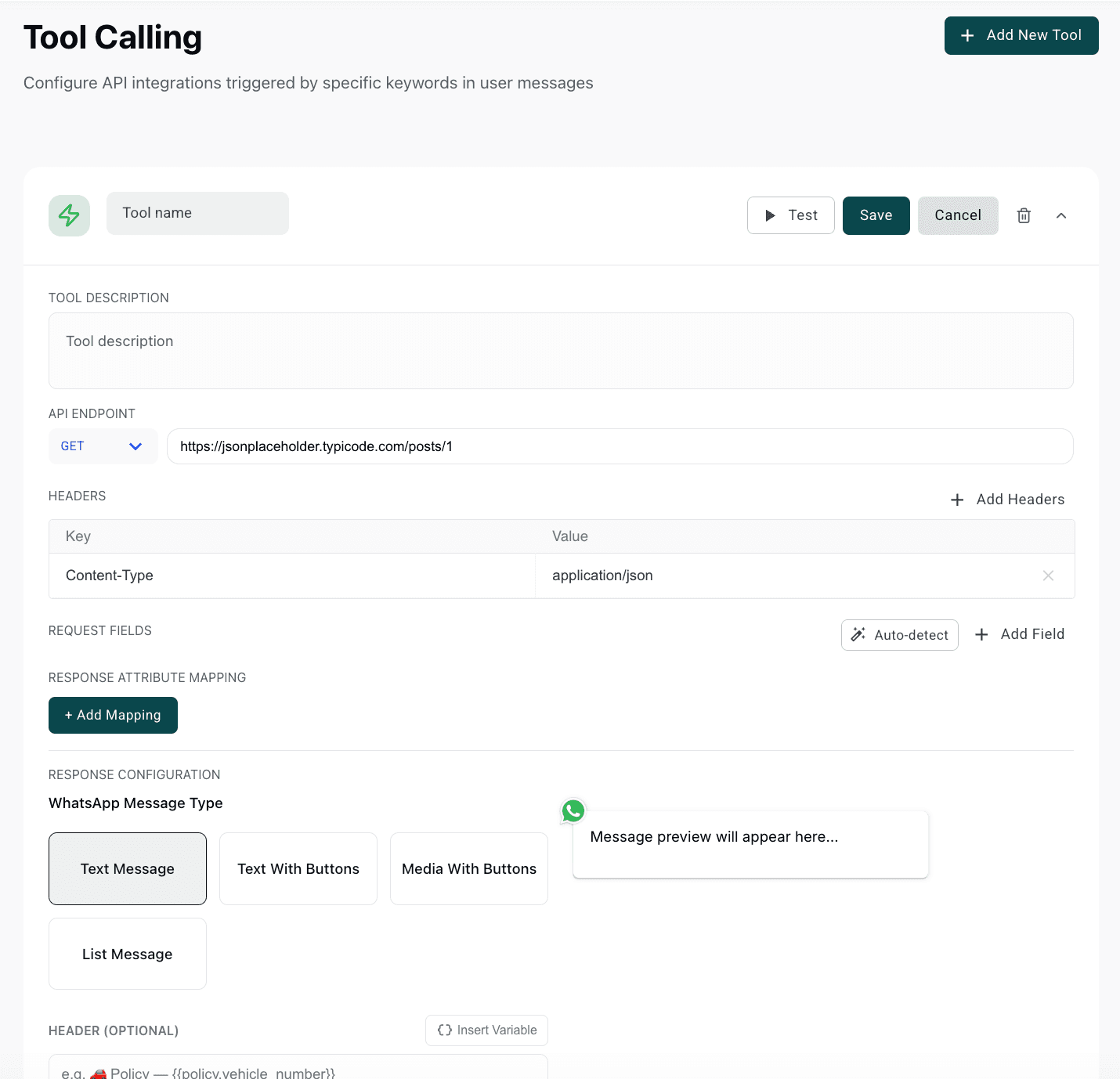 AiSensy Tool Calling configuration — API endpoint with HTTP method dropdown, custom headers, request fields, response attribute mapping, WhatsApp message type picker (Text Message / Text With Buttons / Media With Buttons / List Message)