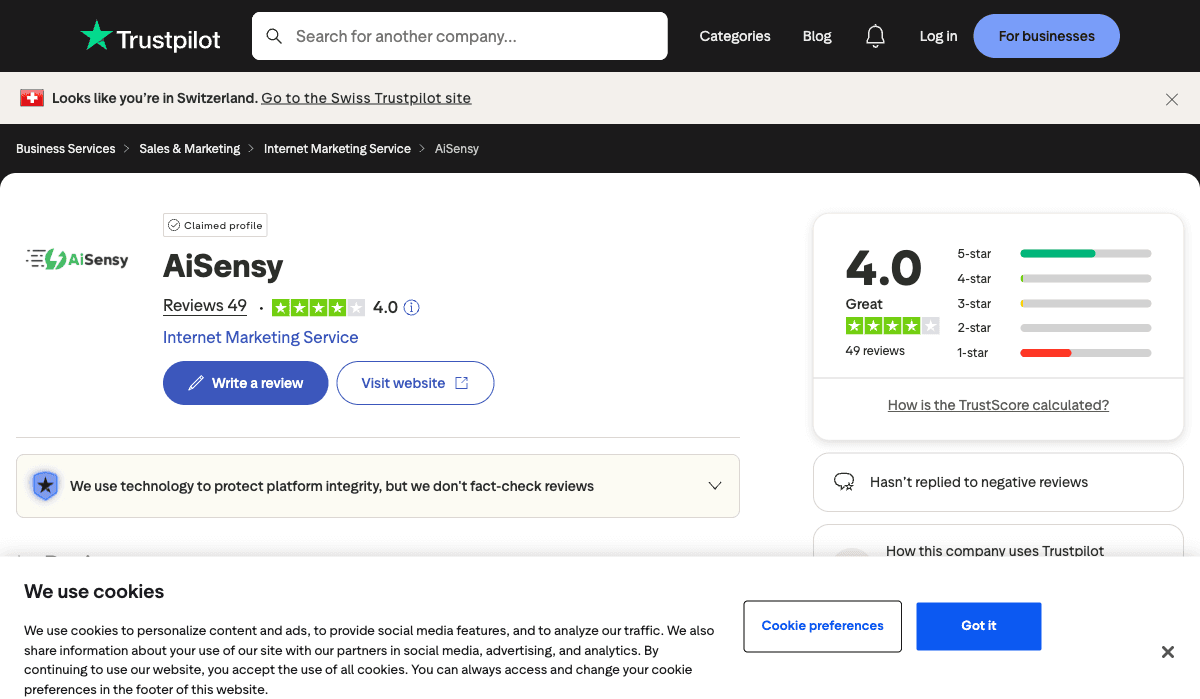 TrustPilot reviews page for AiSensy showing 4.0 of 5 stars Great across 49 reviews