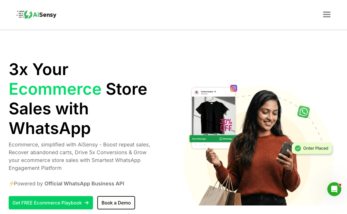 AiSensy WhatsApp commerce flow showing native UPI/card payment collection inside WhatsApp chat thread