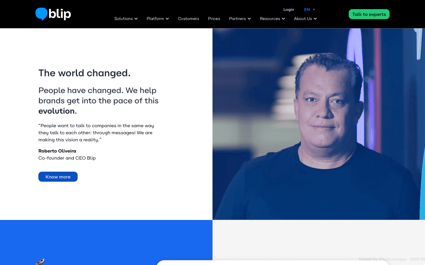 Blip About Us page — Roberto Oliveira Co-founder and CEO byline with company-history narrative