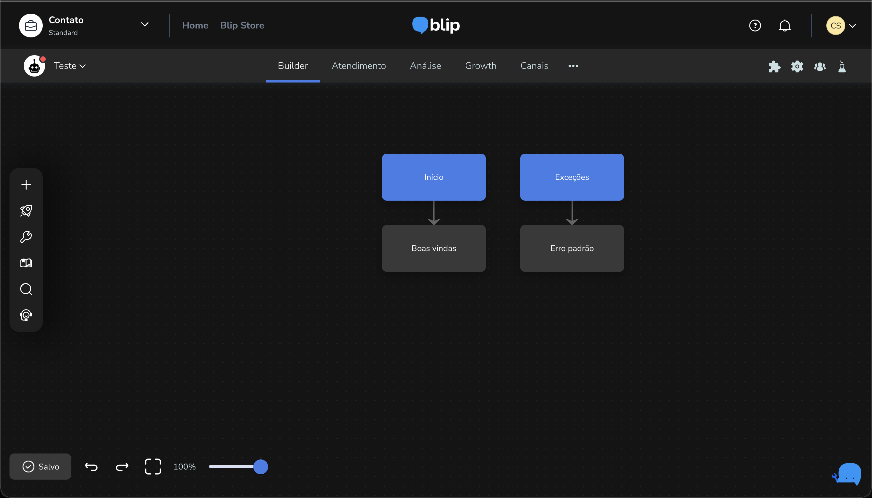 Blip builder canvas dark theme empty state showing two starter blocks Início Boas vindas and Exceções Erro padrão on the canvas with left sidebar showing block-type icons add block edit move zoom controls at bottom and zoom slider at 100 percent