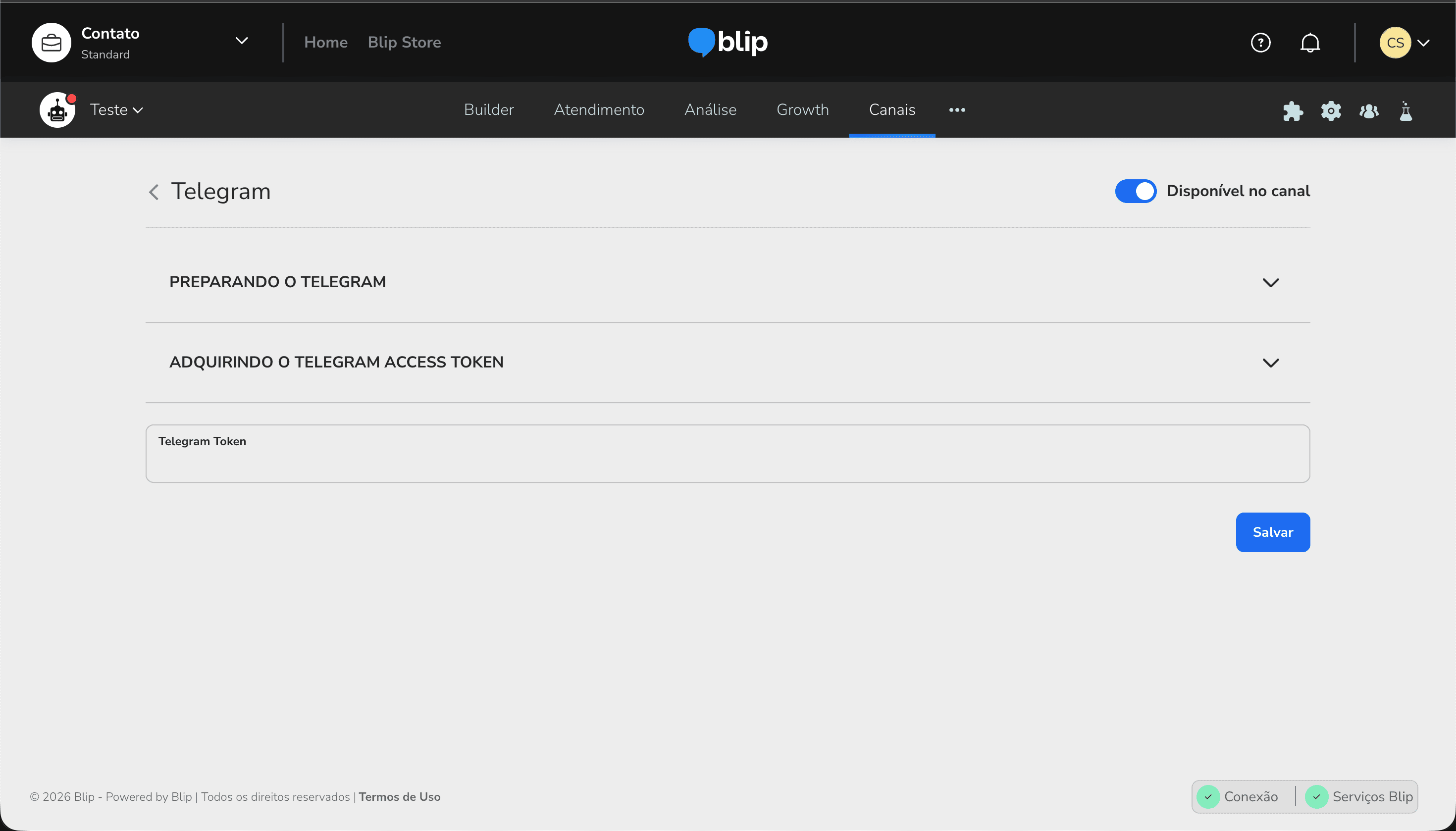 Blip Telegram channel configuration page showing Disponível no canal toggle switched on at top right two collapsed accordion sections Preparando o Telegram and Adquirindo o Telegram Access Token followed by Telegram Token input field and Salvar button