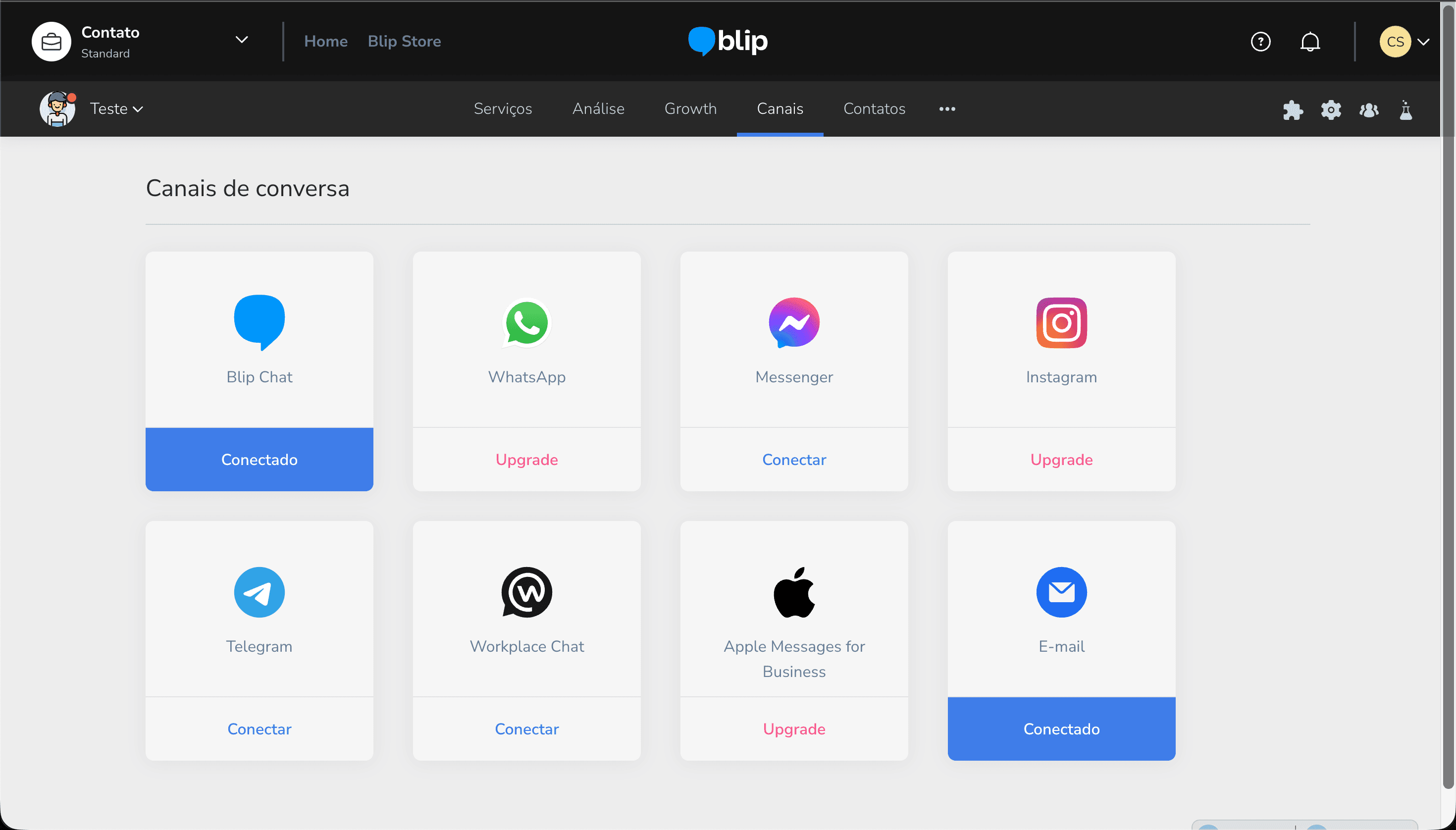 Blip Canais de conversa grid showing eight channel tiles Blip Chat Conectado WhatsApp Upgrade Messenger Conectar Instagram Upgrade Telegram Conectar Workplace Chat Conectar Apple Messages for Business Upgrade and E-mail Conectado with status badges in different colors