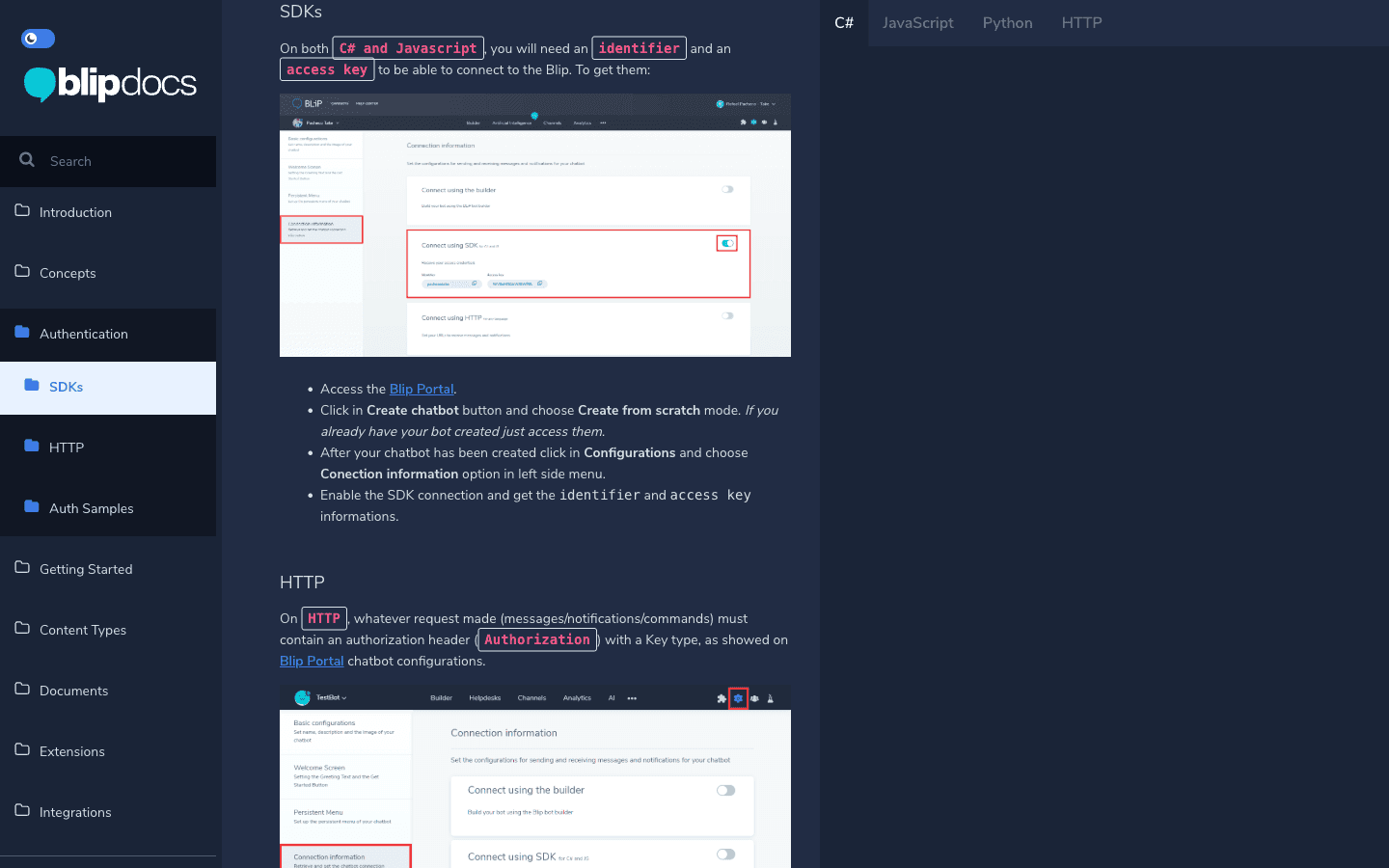 Blip API documentation SDKs section showing 7-language SDK coverage matrix