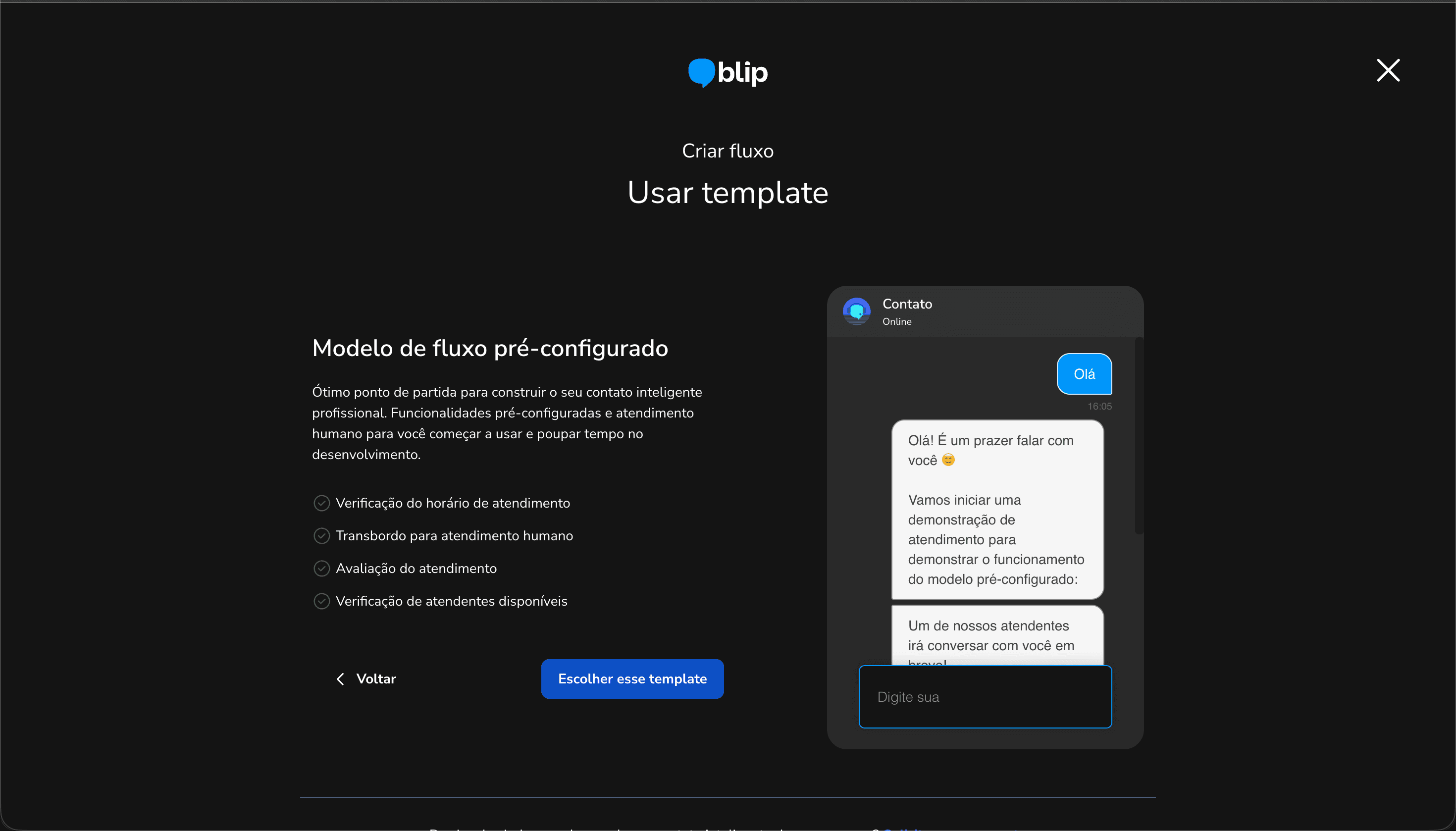Blip template preview showing Modelo de fluxo pré-configurado description with bulleted features Verificação do horário de atendimento Transbordo para atendimento humano Avaliação do atendimento Verificação de atendentes disponíveis on left and chat simulator preview pane on right showing bot opening Olá conversation with welcome message demonstrating the pre-configured template