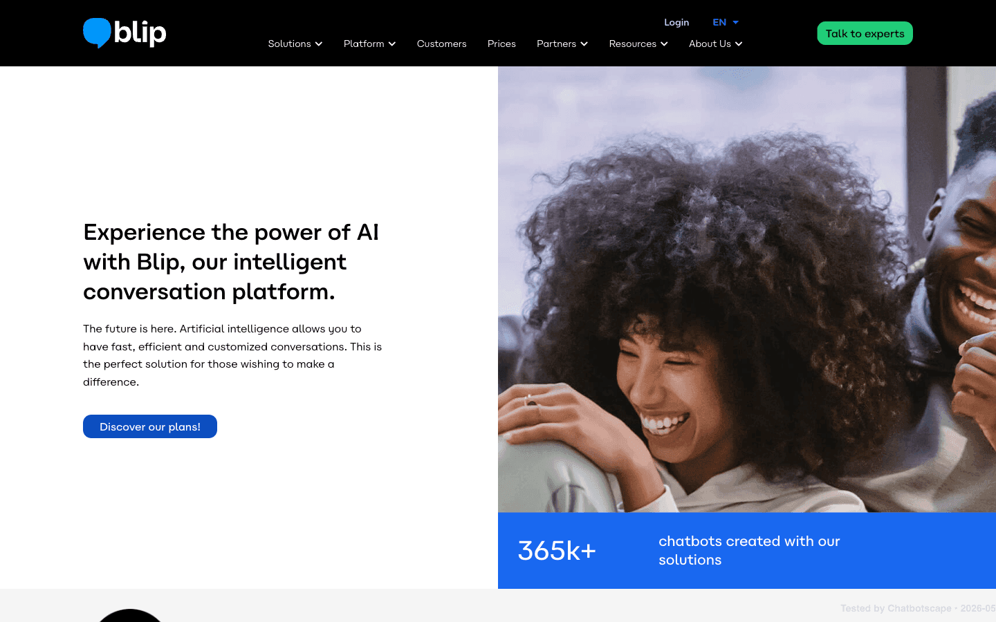 Blip homepage hero — AI conversation platform positioning with 365k+ chatbots stat and vendor value proposition