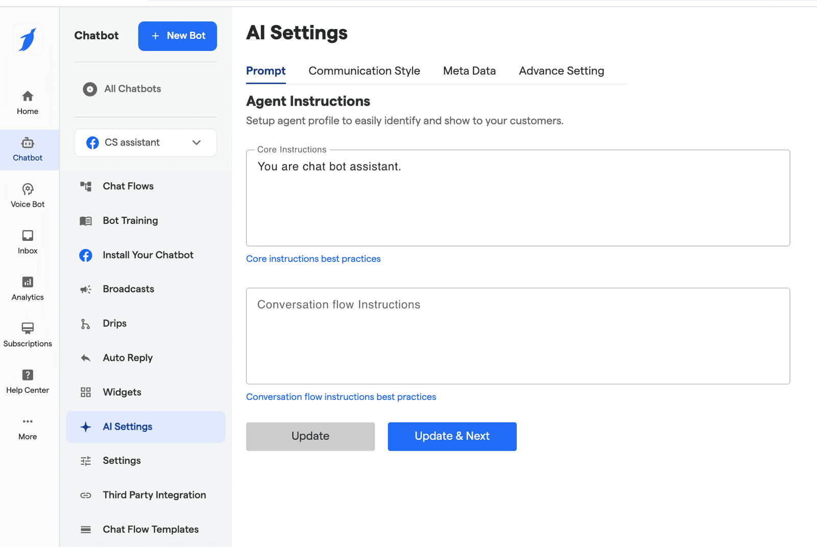 BotPenguin AI Settings — Prompt tab open with Agent Instructions header, Core Instructions textarea (You are chat bot assistant.), Conversation flow Instructions textarea (empty). Communication Style / Meta Data / Advance Setting tabs. Update + Update & Next CTAs.