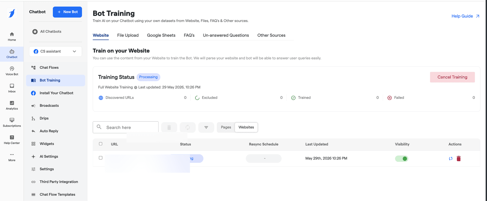 BotPenguin Bot Training surface — Website / File Upload / Google Sheets / FAQs / Un-answered Questions / Other Sources tabs. Training Status: Processing. Single domain configured (blurred for privacy). Discovered URLs / Excluded / Trained / Failed counters all at 0. Cancel Training CTA.
