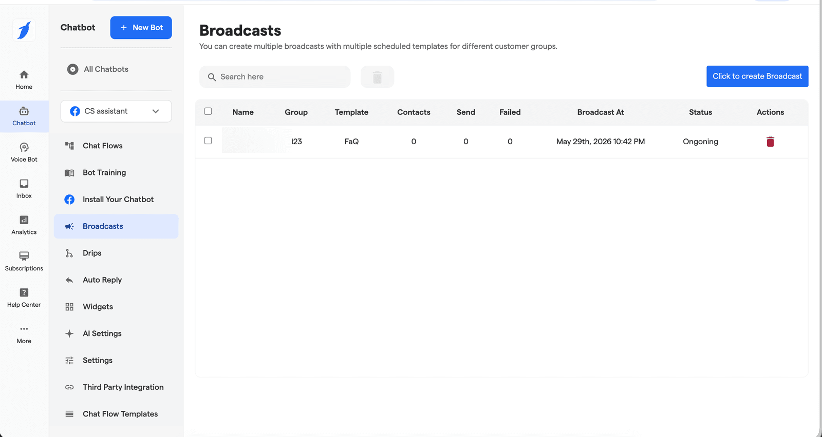 BotPenguin Broadcasts — single broadcast row (group name blurred, Group=123, Template=FaQ, Contacts=0, Send=0, Failed=0, Broadcast At=May 29th 2026 10:42 PM, Status=Ongoing). Click to create Broadcast CTA top-right.