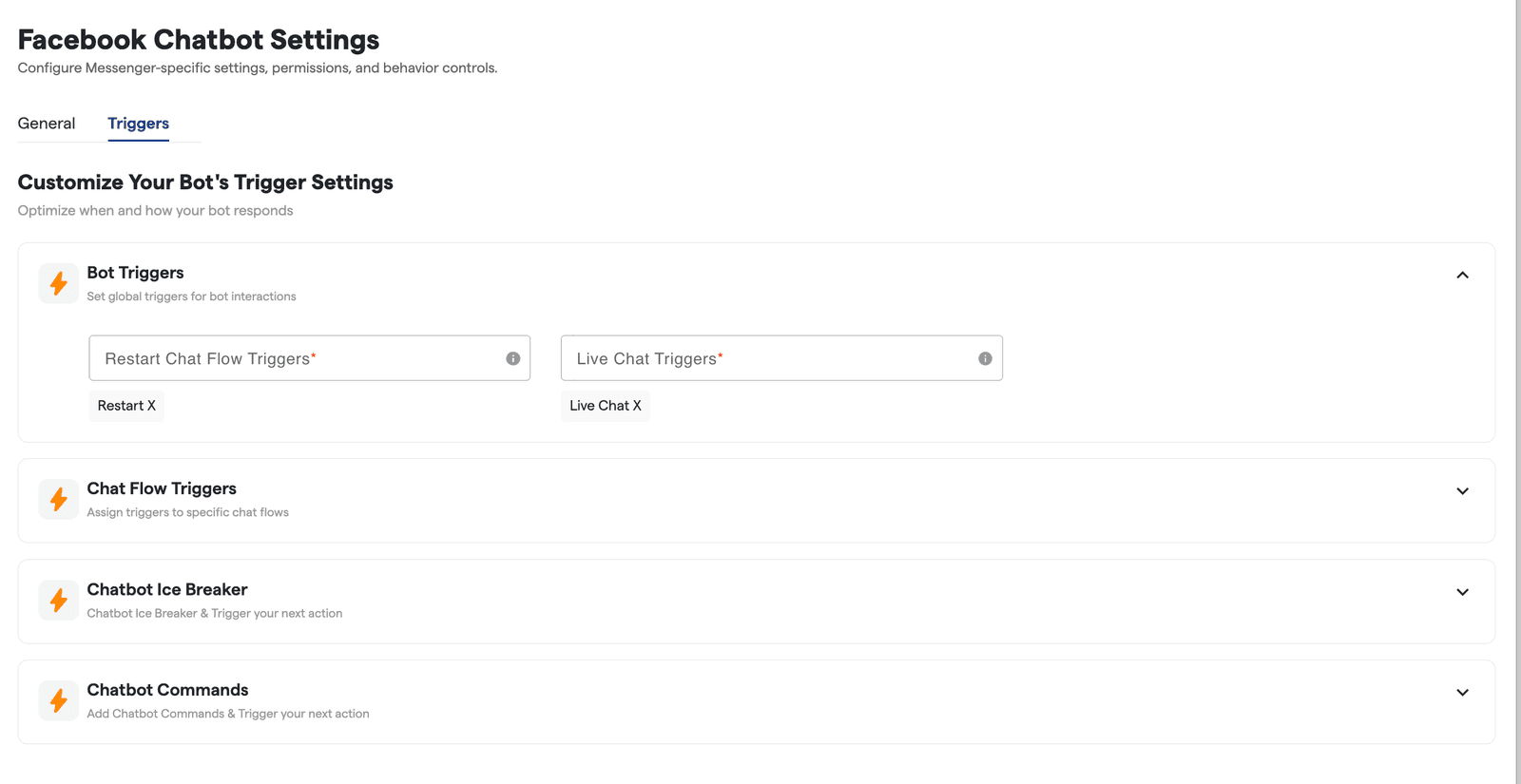 BotPenguin Facebook Chatbot Settings — Triggers tab. Bot Triggers section with Restart Chat Flow Triggers + Live Chat Triggers fields (Restart X / Live Chat X defaults). Chat Flow Triggers section. Chatbot Ice Breaker section. Chatbot Commands section.