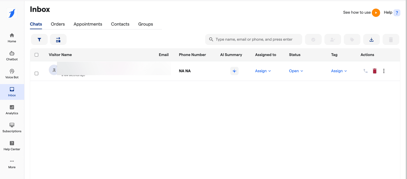 BotPenguin Inbox — Chats tab. Single visitor row (name blurred), Email column NA, Phone Number NA NA, AI Summary +, Assigned to Assign dropdown, Status Open, Tag Assign, Actions (call, delete, more). Orders / Appointments / Contacts / Groups tabs.
