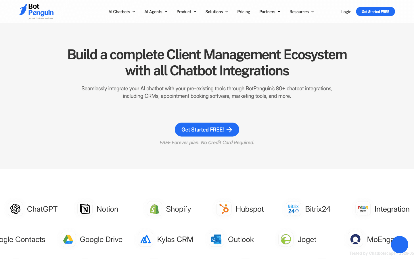 Botpenguin integrations showing 80+ native connectors including Shopify WooCommerce HubSpot Salesforce Zendesk and Calendly