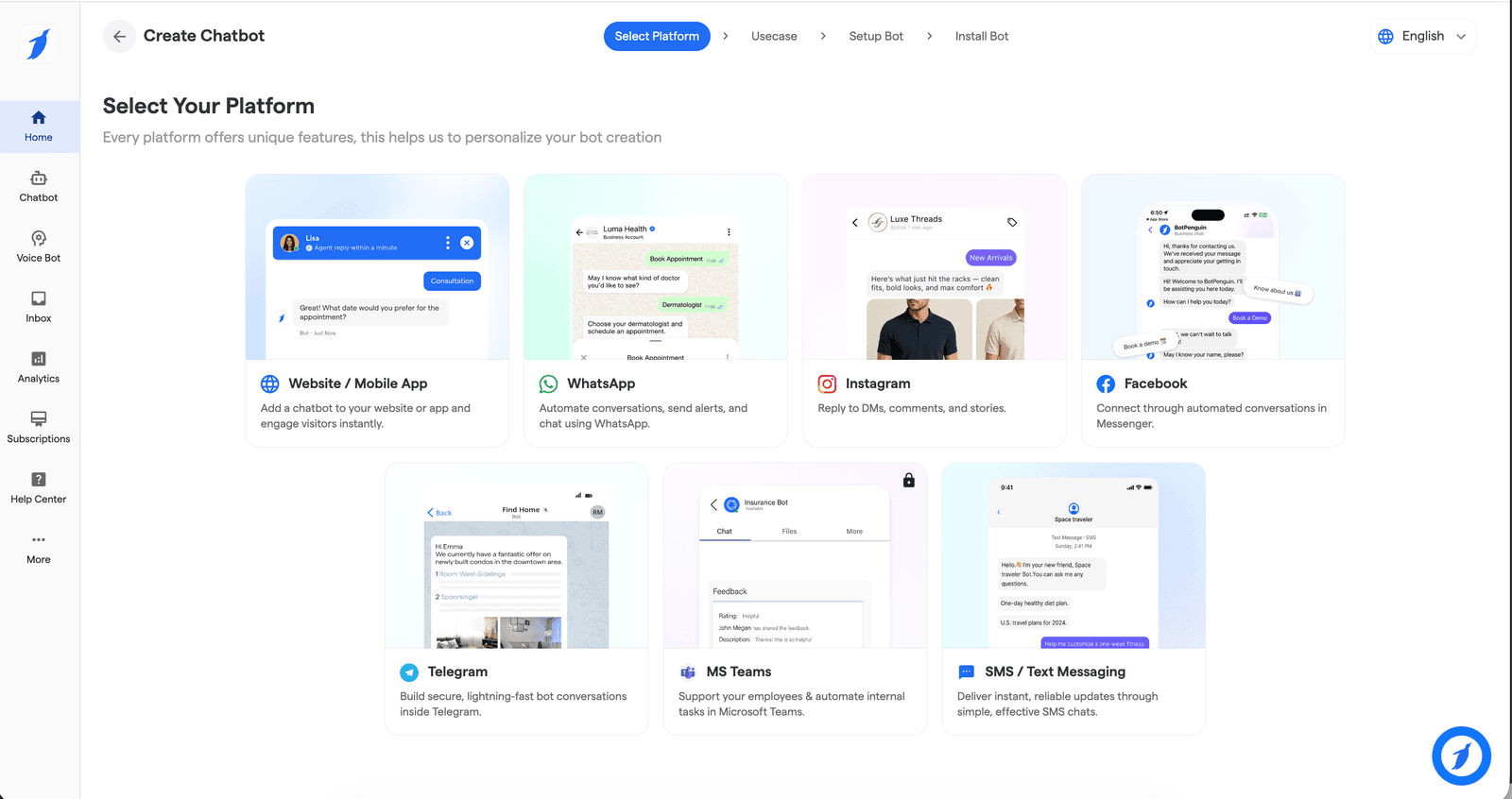 BotPenguin Create Chatbot wizard — Select Your Platform step (1 of 4). Seven platform tiles: Website/Mobile App, WhatsApp, Instagram, Facebook, Telegram, MS Teams, SMS / Text Messaging. Each tile includes a preview screenshot of the channel-specific chat surface.