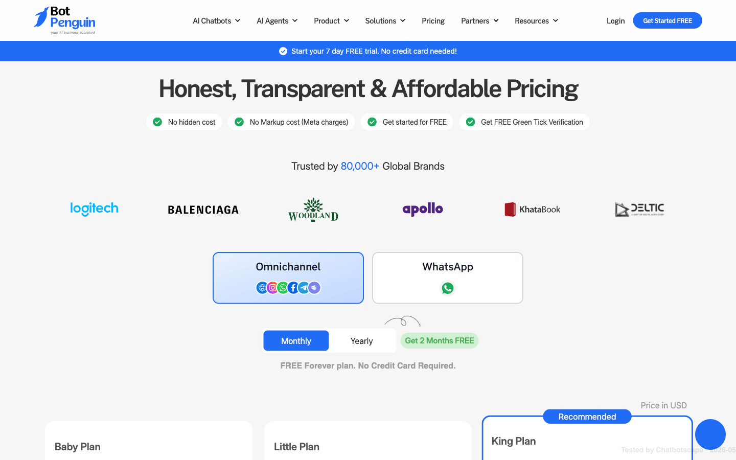 Botpenguin pricing page showing four tiers Baby Little King Emperor with monthly billing toggle