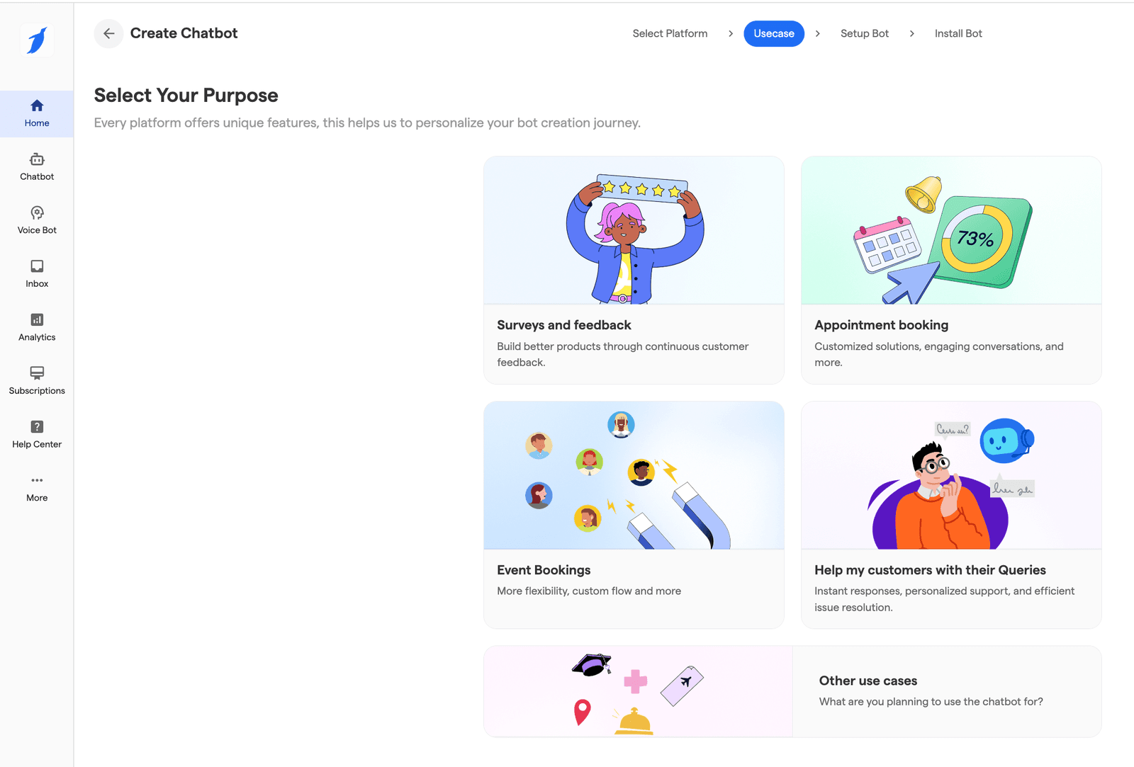 BotPenguin Create Chatbot wizard — Select Your Purpose step (2 of 4). Five purpose tiles: Surveys and feedback, Appointment booking, Event Bookings, Help my customers with their Queries, Other use cases. Each tile has illustration + 1-line description.