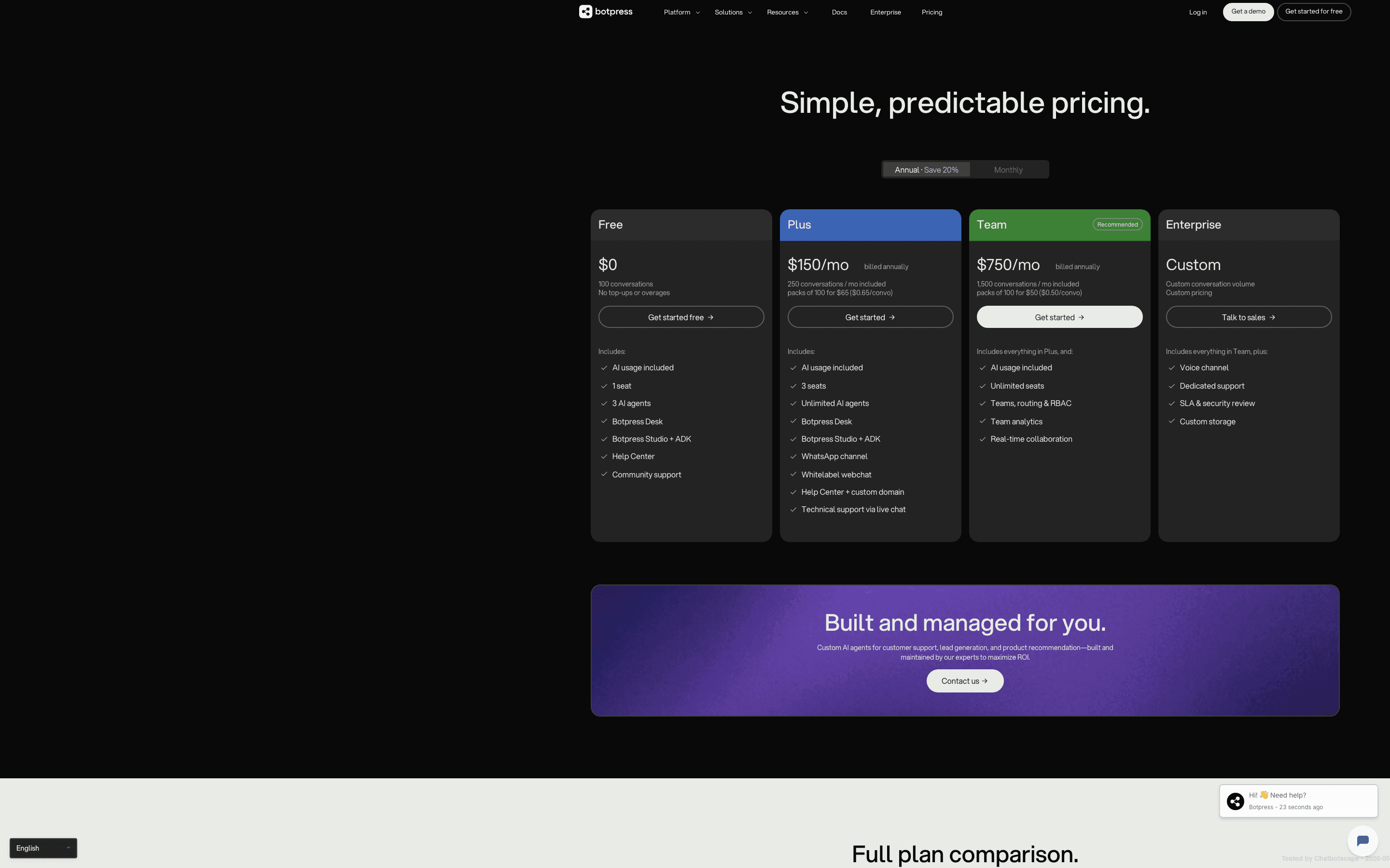 Botpress pricing page channels comparison matrix showing per-tier channel availability including Voice on Enterprise